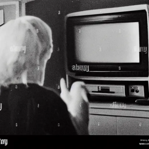 Image similar to woman watching tv screens old television poltergeist room, creepy, 8 mm, found footage