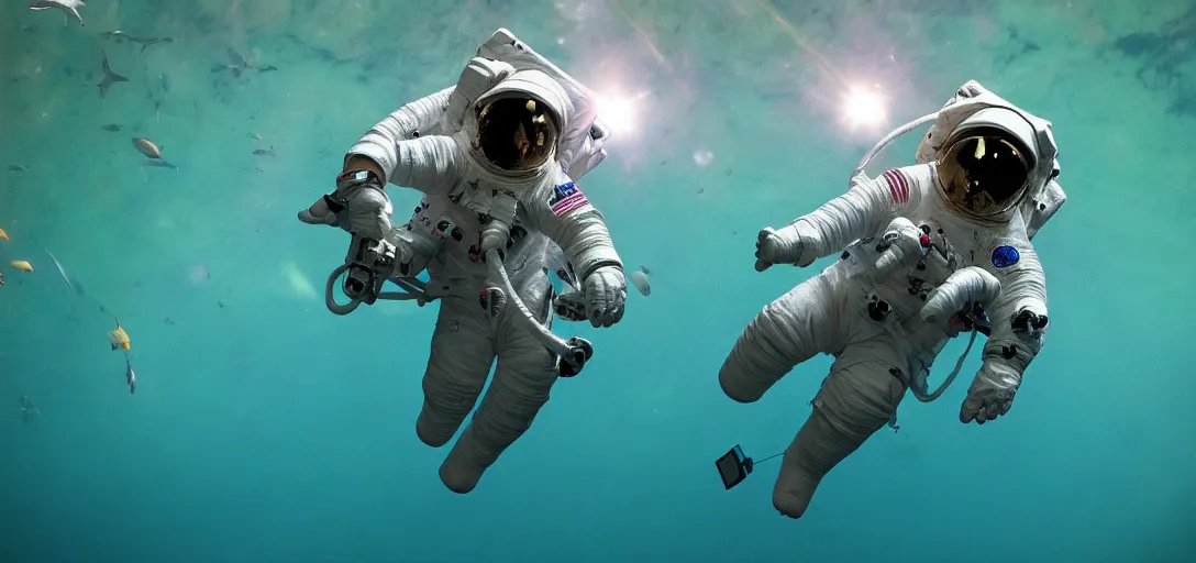 Image similar to Astronaut taking a picture of fish swimming in Space