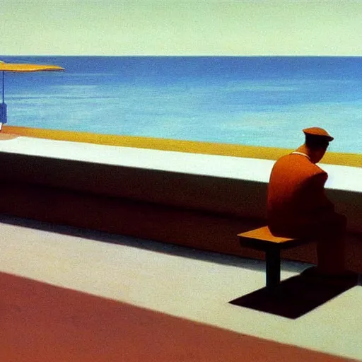 Prompt: an android sitting on a bench by the ocean staring over the water Edward Hopper and James Gilleard, Zdzislaw Beksinski highly detailed