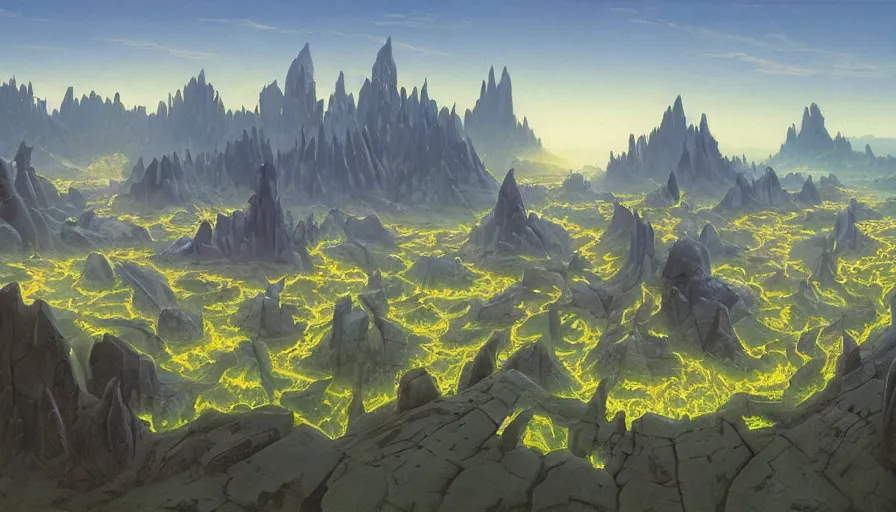 Image similar to landscape painting of Hellfire Peninsula from World of Warcraft, art by chesley bonestell