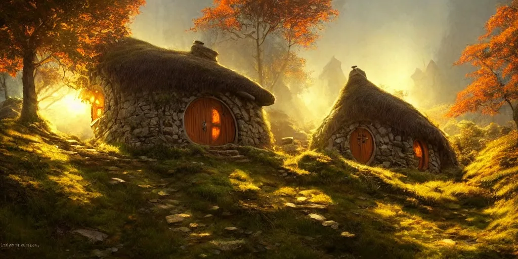 Image similar to a hobbit cottage on top of a steep hill, greg rutkowski, zabrocki, moebius, karlkka, jayison devadas, highly detailed, autumn sunlights, smoky atmosphere, ( ray of sunlight ), trending on artstation, sharp details, 8 k, ultra wide angle, zenith view, lens effect