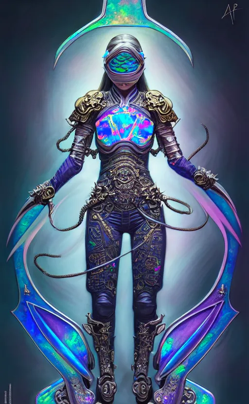 Image similar to iridescent opal cyborg ninja warrior, intricate ornate details, morandi color scheme, hd, illustration, epic, d & d, fantasy, intricate, elegant, highly detailed, wide angle, digital painting, artstation, concept art, smooth, sharp focus, illustration, wallpaper, art by artgerm and greg rutkowski and alphonse mucha and jin xiaodi