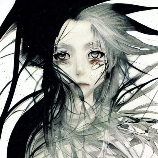 Prompt: Yoshitaka Amano dreamy and blurry illustration of an anime girl with white hair and cracks on her face wearing dress suit with tie fluttering in the wind, abstract black and white patterns on the background, head turned to the side, noisy film grain effect, highly detailed, Renaissance oil painting, weird portrait angle