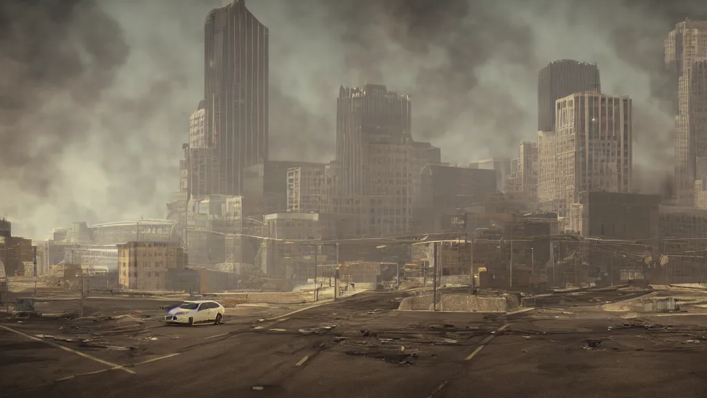 Image similar to post apocalypse Pittsburgh, smoke, fire, cinematic, rendered in octane, rendered in Arnold, rendered in vray