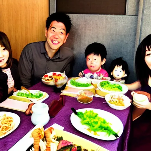 Image similar to photo of a japanese family having dinner with shrek