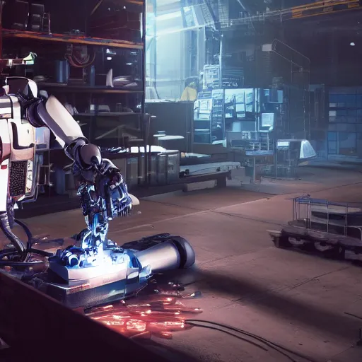 Prompt: a closeup shot of a robot being repaired in warehouse,cyberpunk,2077,big mecha,gundam,realistic,8k