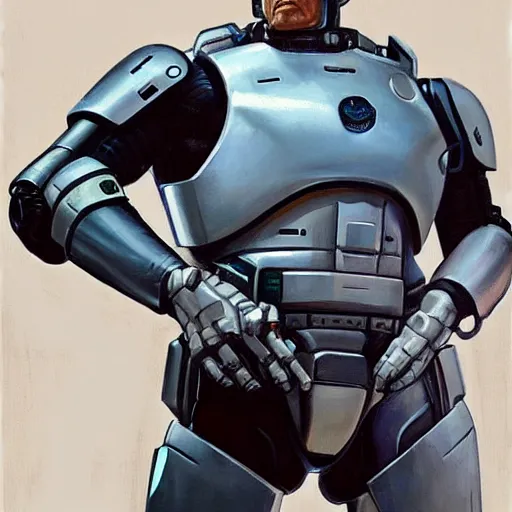 Image similar to greg manchess portrait painting of peter weller combined with the robocop as overwatch character, medium shot, asymmetrical, profile picture, organic painting, sunny day, matte painting, bold shapes, hard edges, street art, trending on artstation, by huang guangjian and gil elvgren and sachin teng