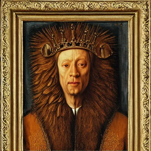 Image similar to portrait of a king with a lions head for a head, oil painting by jan van eyck, northern renaissance art, oil on canvas, wet - on - wet technique, realistic, expressive emotions, intricate textures, illusionistic detail