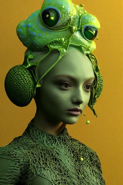 Image similar to epic 3 d sculpture of trans model, mesh headdress, 2 0 mm, with pastel yellow and pastel green bubbles bursting, perlin noise melting into bulbasaur, delicate, beautiful, intricate, houdini sidefx, artstation, by jeremy mann and ilya kuvshinov, jamie hewlett and ayami kojima