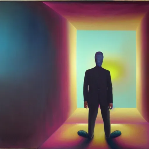 Prompt: A surreal piece of art depicting a man who doesn't know where he is, complex room structure, ray-traced lighting, colours leaking, implosion, dreamy, oil on canvas