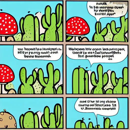 Prompt: cactus talking to mushroom comic
