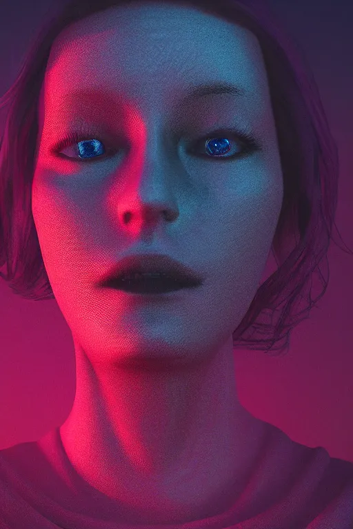 Image similar to creepy unsetting dramatic human portrait, unreal engine, octane render, blender 3D, Photoshop, vaporwave, synthwave, ambient, retro, futurism, pixel sorting, glitch art, abstract art