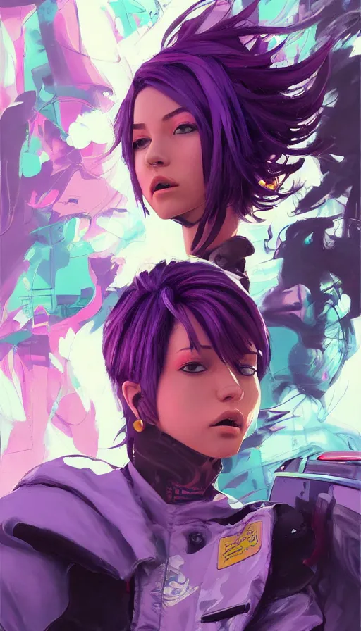 Image similar to A ultradetailed beautiful portrait panting of a graffiti writer from the future with purple hair and streetwear style on a futuristic car, bright sunny day, Oil painting, by Ilya Kuvshinov, Greg Rutkowski and Makoto Shinkai