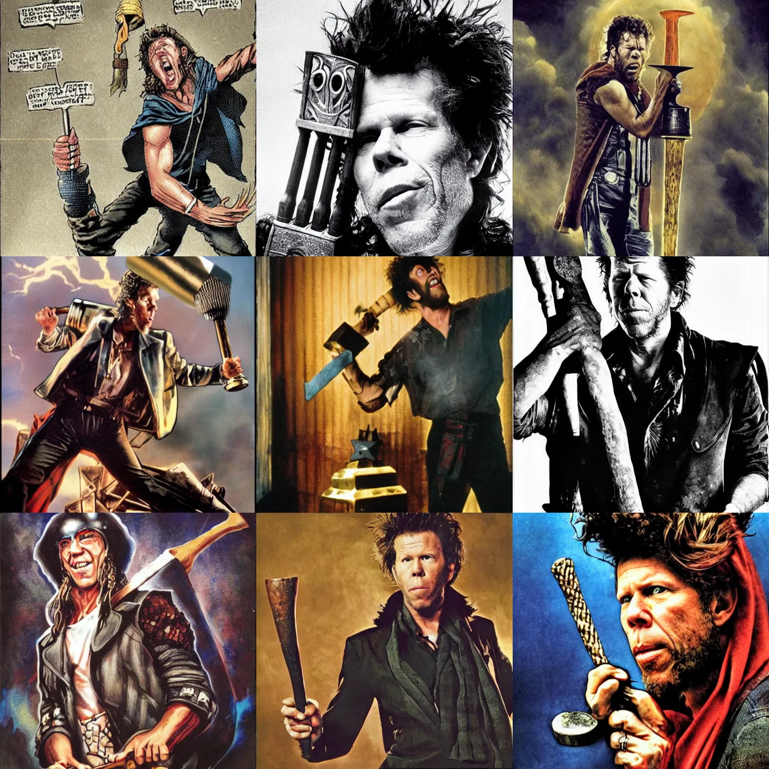 Prompt: tom waits as thor the thunder god holding his hammer