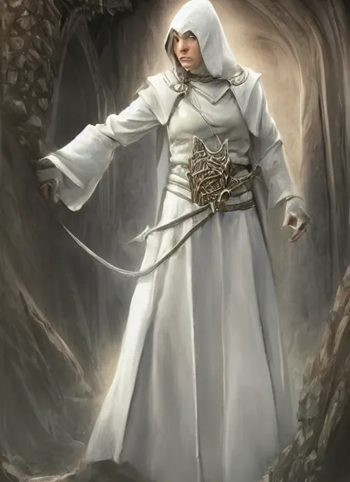 Image similar to female priest in white cloak, ultra detailed fantasy, dndbeyond, bright, colourful, realistic, dnd character portrait, full body, pathfinder, pinterest, art by ralph horsley, dnd, rpg, lotr game design fanart by concept art, behance hd, artstation, deviantart, hdr render in unreal engine 5