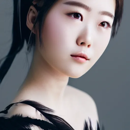 Image similar to photo portrait of beautiful Japanese women with perfect eyes and simetrical face, she have delicate traditional make up, feather in hairs , perfect cinematic light, 8k