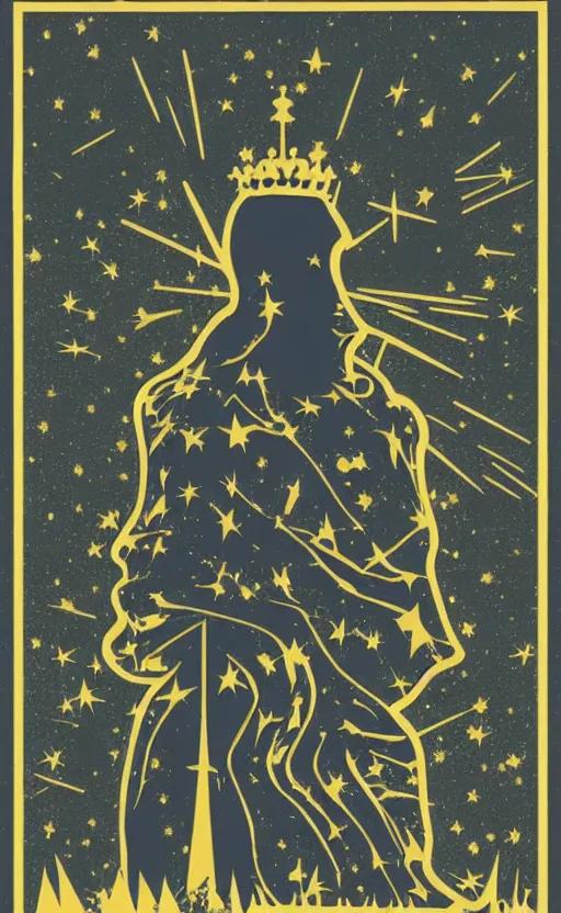 Prompt: a glowing crown, silhouette under a sky full of stars in a forest in england, sunburst, sense of longing, rule of thirds, clever design, decorative modern graphic design collage border, by hannah hoch and jesse treece and christian jackson and josh brill