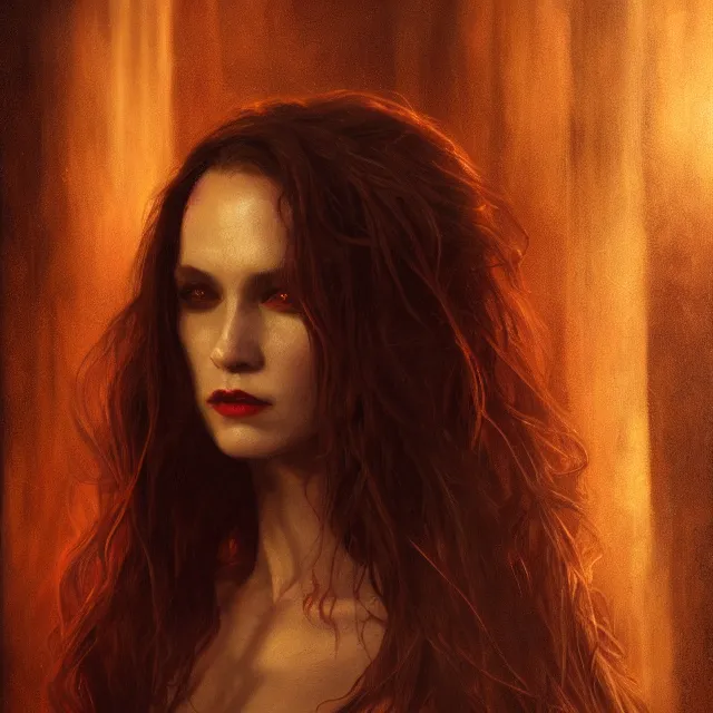 Image similar to majestic gracious regal female vampire portrait, atmospheric lighting, painted, menacing, intricate, volumetric lighting, beautiful, rich deep colours masterpiece, golden hour, sharp focus, ultra detailed, by leesha hannigan, ross tran, thierry doizon, kai carpenter, ignacio fernandez rios