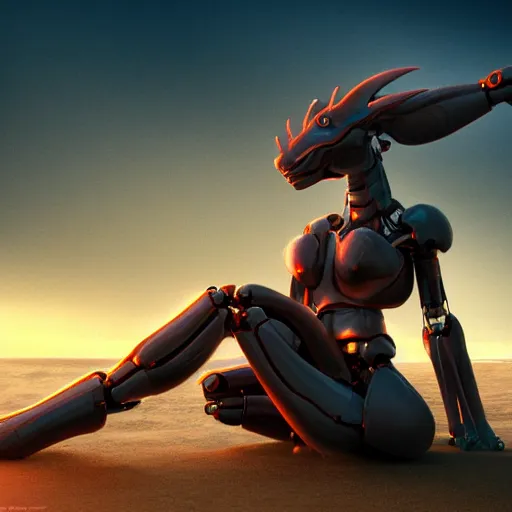 Image similar to high quality realistic shot of a beautiful and stunning anthropomorphic female robot dragon, sitting on the beach at night, high quality digital art, 3D, artstation, deviantart, furaffinity