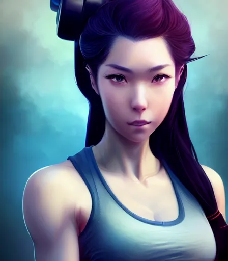 Image similar to beautiful portrait of a gorgeous personal trainer who looks like Marin Kitagawa , character design by charlie bowater, ross tran, artgerm, and makoto shinkai, detailed, soft lighting, rendered in octane