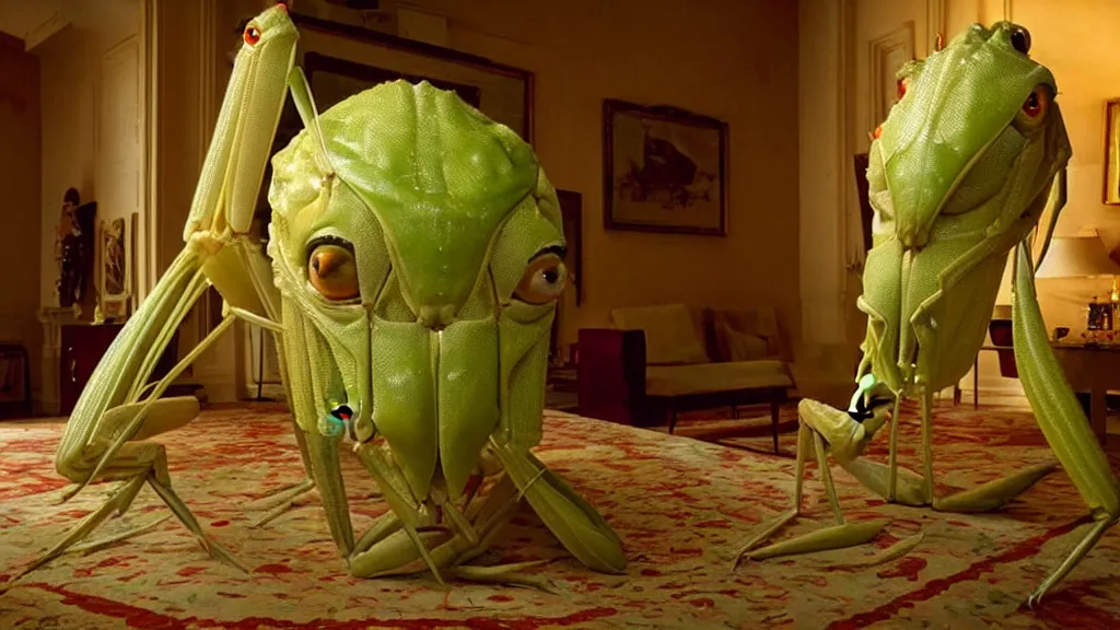 Image similar to the giant praying mantis head in the living room made of wax and water, film still from the movie directed by Wes Anderson with art direction by Salvador Dalí, wide lens