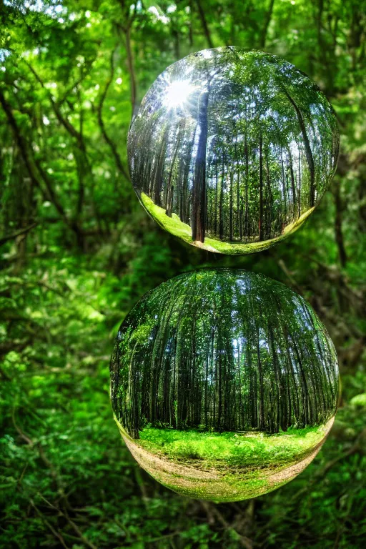 Prompt: a mirror sphere sitting in a lush forest