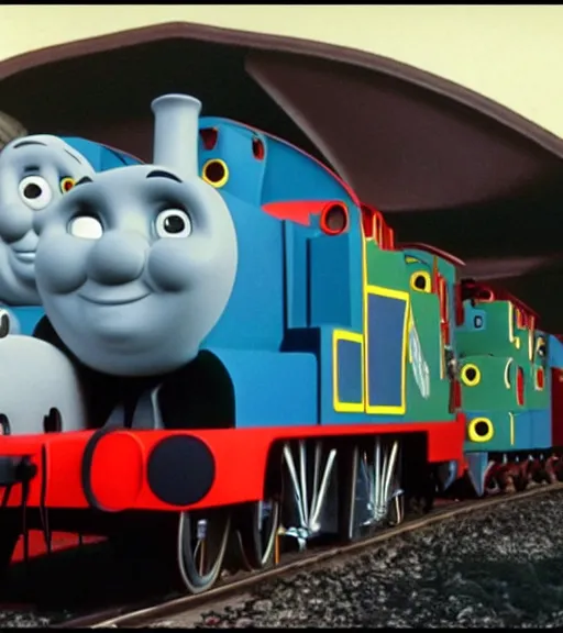 Image similar to thomas the train as a thermonuclear bomb, war footage