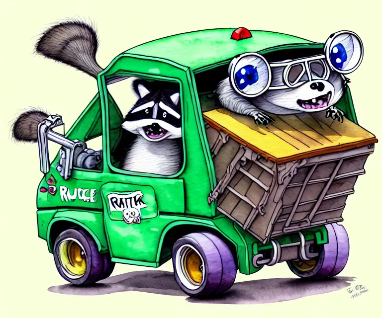 Image similar to cute and funny, racoon wearing goggles driving a tiny garbage truck, ratfink style by ed roth, centered award winning watercolor pen illustration, isometric illustration by chihiro iwasaki, edited by craola, tiny details by artgerm and watercolor girl, symmetrically isometrically centered