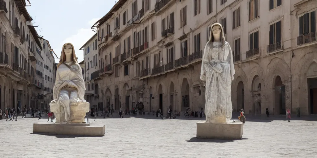 Image similar to A colorful marble sculpture of The Mona Lisa in the middle of an empty Italian piazza without people, midday, 4k photograph, sunny day, long shot