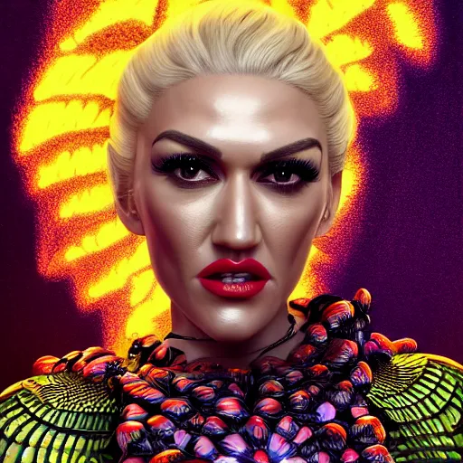 Prompt: a portrait of gwen stefani as lucifer, highly detailed, digital photo, hdri, by christopher bretz and john carpenter, vivid colors, high contrast, 8 k resolution, intricate, photorealistic, smooth, psychedelic color scheme, concept art, award winning, cg society contest winner