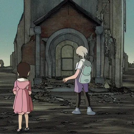 Prompt: ghost of a young girl, a burnt out church, cel shaded, studio ghibli