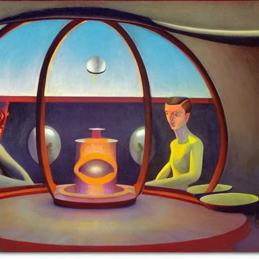 Prompt: three brutalist robotic seers watchers oracles soothsayers inside a retractable dome, pj crook, grant wood, edward hopper, syd mead, oil on canvas