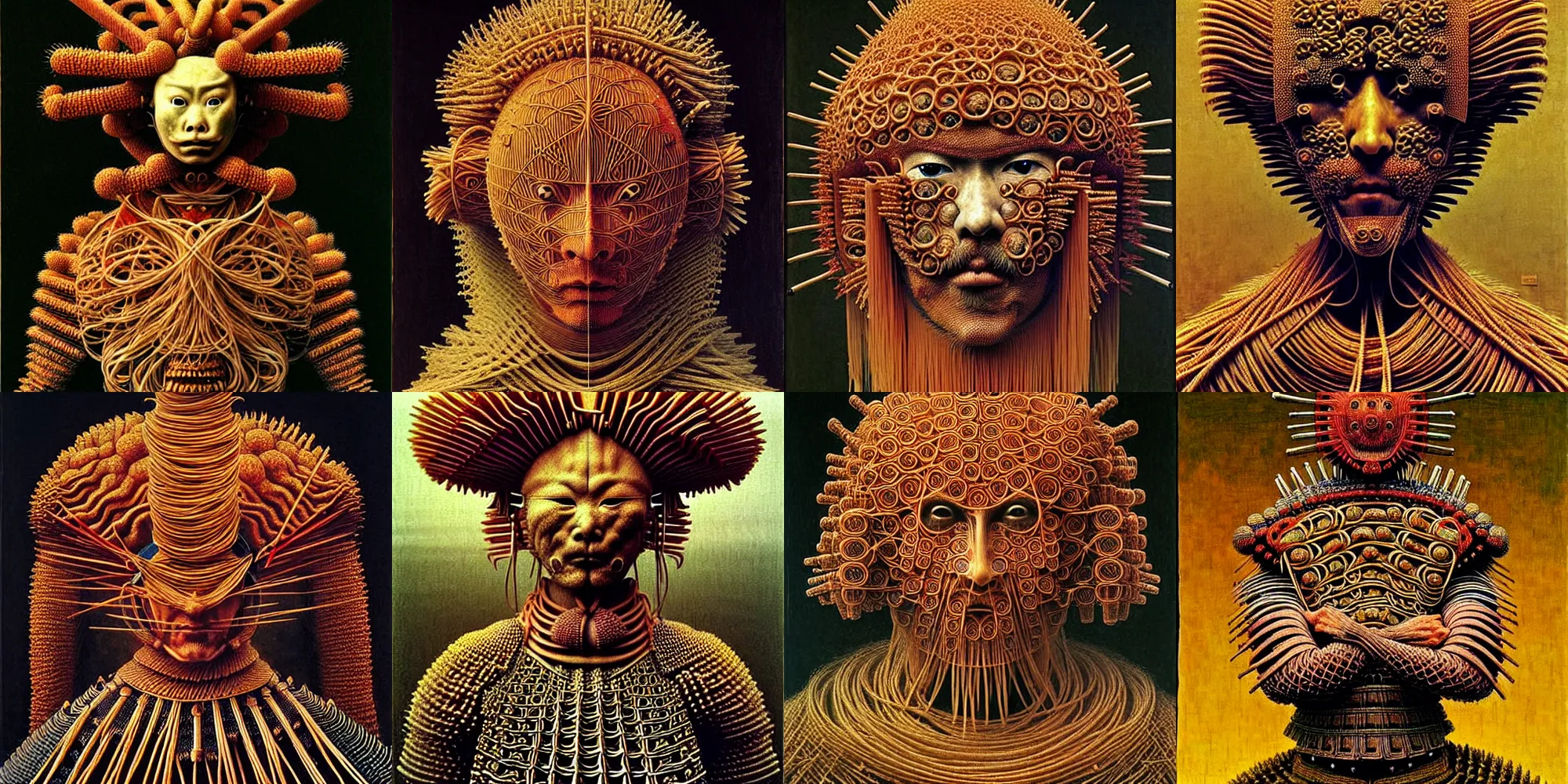 Prompt: intricate samurai armor made of fractals of spaghetti, by giuseppe arcimboldo and ambrosius benson, renaissance, a touch of beksinski, realistic