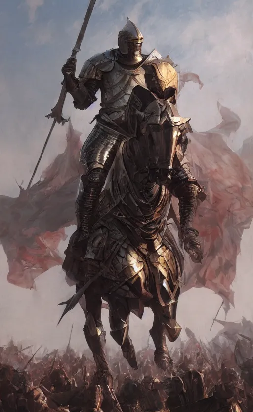 Image similar to medieval knight use banner flag, solar field plains, front game card, drark, marvel comics, dark, intricate, highly detailed, smooth, artstation, digital illustration by ruan jia and mandy jurgens and artgerm and wayne barlowe and greg rutkowski and zdislav beksinski