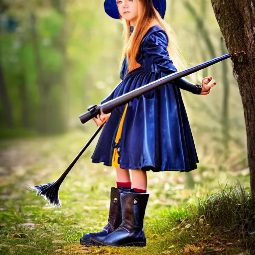 Image similar to young witch with magic wand and broom cosplay, she wears boots, photo taken by nikon, 4k, high quality, very detailed, intricant