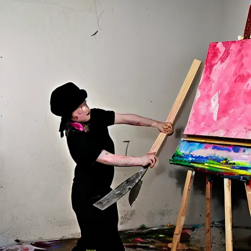 Image similar to surreal - a female artist (wearing pink hair and wearing black beret) swinging an ax with mad anger to cut a painting canvas in as paint flies throughout a dirty, dark art studio with paint cans on the floor and a computer in the corner