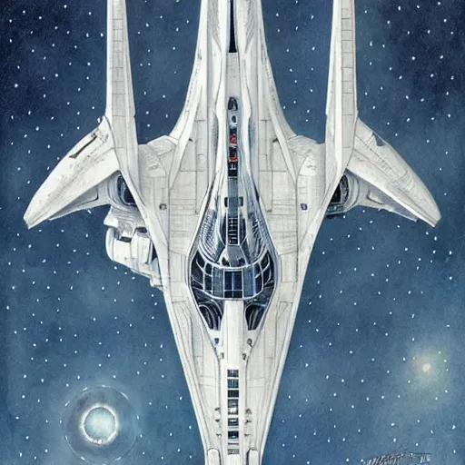 Image similar to design only, white background, symmetry, starship enterprise, by jean - baptiste monge