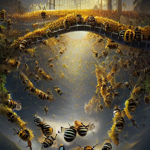 Prompt: a world of bees, storie grubb, 8k, very detailed, matte painting, digital art