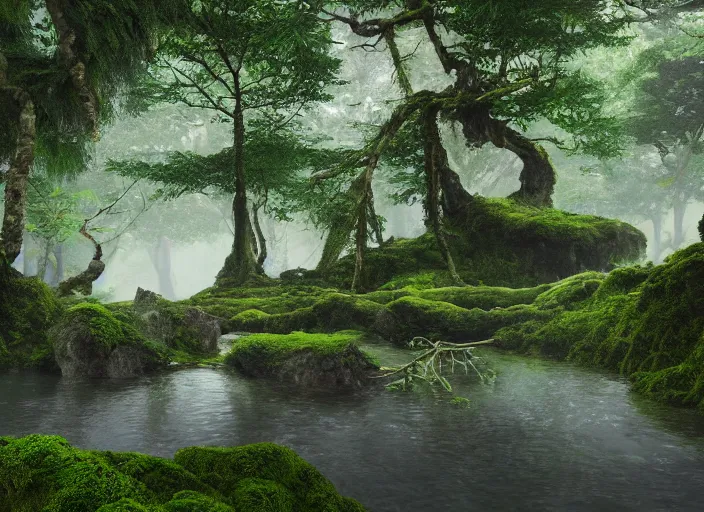 Prompt: Ancient natural pool overgrown with moss, surrounded by lush plants, vines hanging from the tall trees, pine trees, detailed, digital art, trending on Artstation, atmospheric, volumetric lighting, hyper-realistic, Unreal Engine, sharp