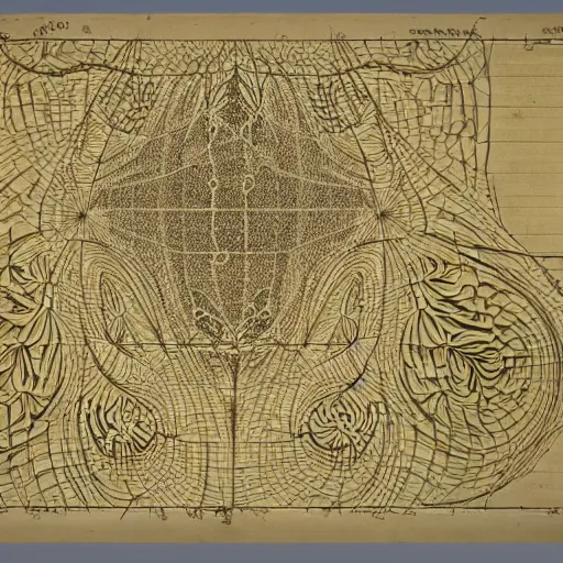 Prompt: 3 d fractal drawing with lots of math and scripples, blueprint of the innerworkings of fractals, lots of numbers and scribbles, leonardo da vinci technical drawing, partchment paper, scientific, ultra realistic, 8 k