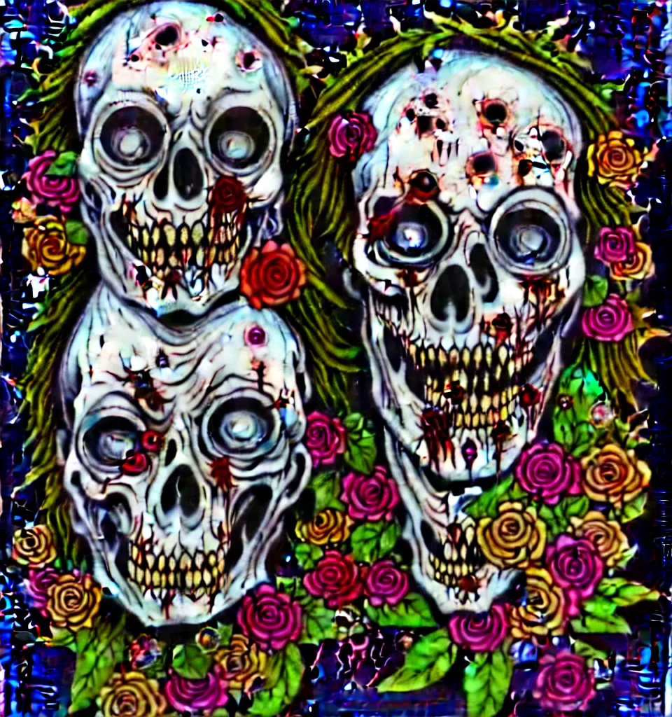 Image similar to zombie, punk rock, young male, grotesque, grotto, multicolored faces, fruit and flowers, gemstones for eyes, botanical, vanitas, sculptural, cartoon style, baroque, rococo, intricate detail, spiral, ornamental, kaleidoscopic, soft, atmospheric