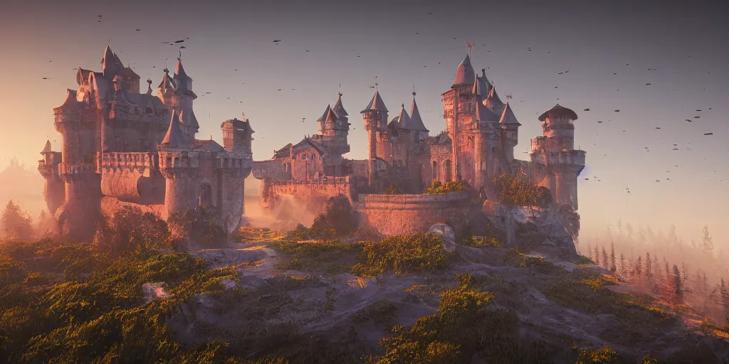 Prompt: a highly detailed photo of a post - future damaged castle surrounded by a mist and jet fighters shot at sunrise on 3 0 mm film painted by alena aenami, rendered in unreal engine
