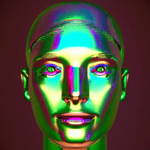 Image similar to 3d render of holographic human robotic head made of glossy iridescent, surrealistic 3d illustration of a human face non-binary, non binary model, 3d model human, cryengine, made of holographic texture, holographic material, holographic rainbow, concept of cyborg and artificial intelligence