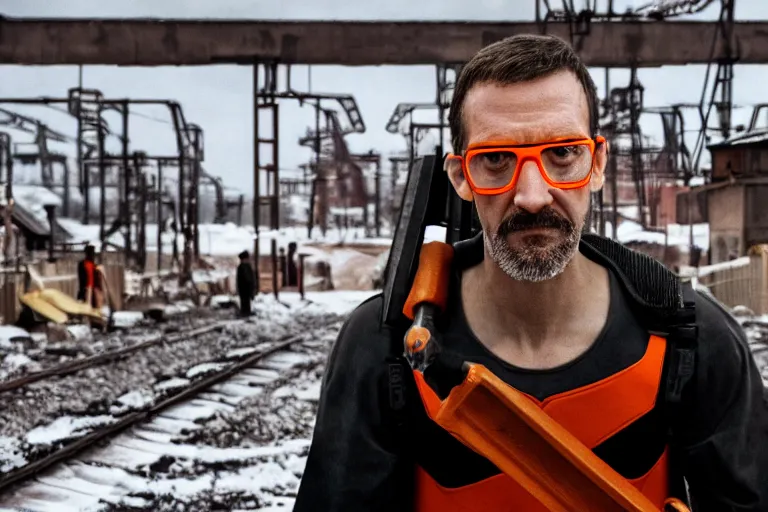 Prompt: vfx movie closeup real life gordon freeman holding wearing futuristic orange and black armor crowbar in russian train yard by emmanuel lubezki