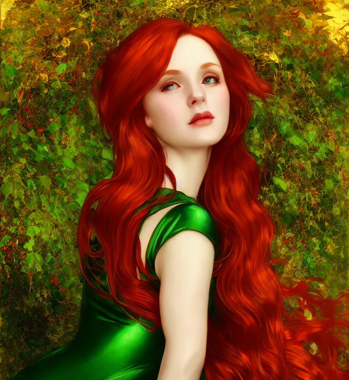 Prompt: portrait of a red haired woman wearing a green satin dress with fine gold filigree, autumn leaves falling, dramatic volumetric lighting, god rays, global illumination, soft, sharp focus, ivy, masterpiece, moss, trending on artstation, cyberpunk concept art by artgerm and Alphonse Mucha and Moebius