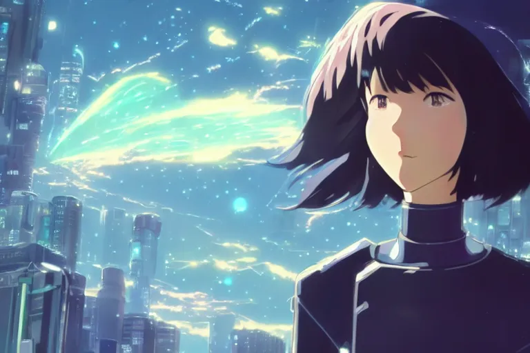 Prompt: makoto shinkai. robotic android girl. futuristic cyberpunk. dystopia. vibrant nebula sky. hair.