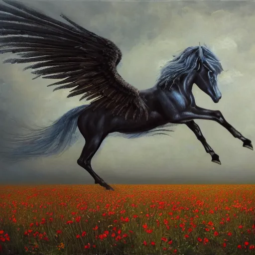 Prompt: an oil painting of a pegasus view from its side standing in the middle of a dark field of wilted flowers oil painting by esao andrews. creepy and gloomy. cold color scheme. oil painting. dark and twisted. textured brush strokes. trending on artstation.