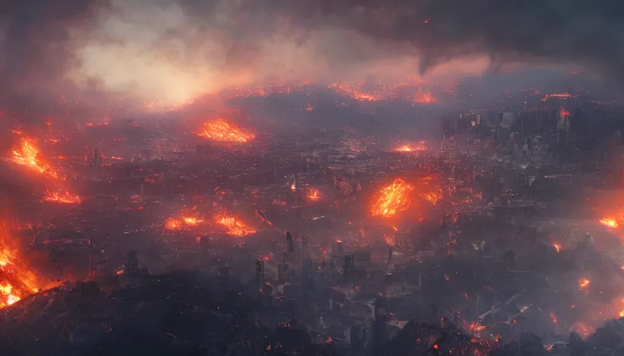 Prompt: Kronos destroying Los Angeles, fire and ashes everywhere, smoke columns, hell on earth, apocalypse, people fleeing, explosions, hyperdetailed, artstation, cgsociety, 8k