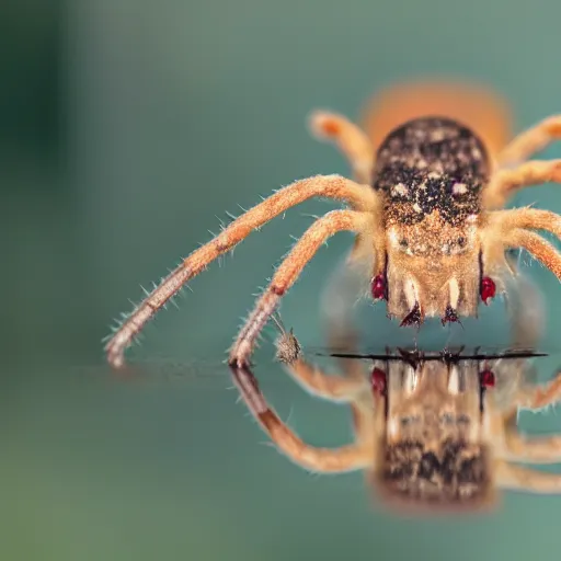 Prompt: close up photo of a cellar spider, drinking water from a lake in tasmania, bokeh, 4 0 0 mm lens, 4 k award winning nature photography