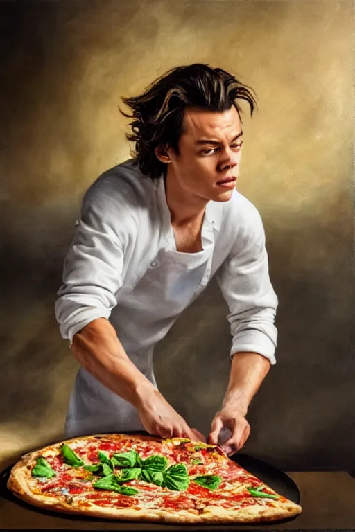 Prompt: Harry Styles making a pizza, oil on canvas, intricate, portrait, 8k highly professionally detailed, HDR, CGsociety